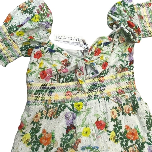 NWT Alice + Olivia Kristie Floral Print Puff Sleeve Dress Green White Multi 6 - Picture 4 of 8